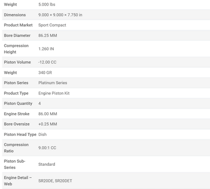 Manley Platinum Series Piston Set SR20DET / SR20DE 86.25mm Bore 1.260in CH -12.00 CC