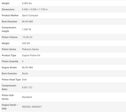 Manley Platinum Series Piston Set SR20DET / SR20DE 86mm Bore 1.260in CH -12.00 CC