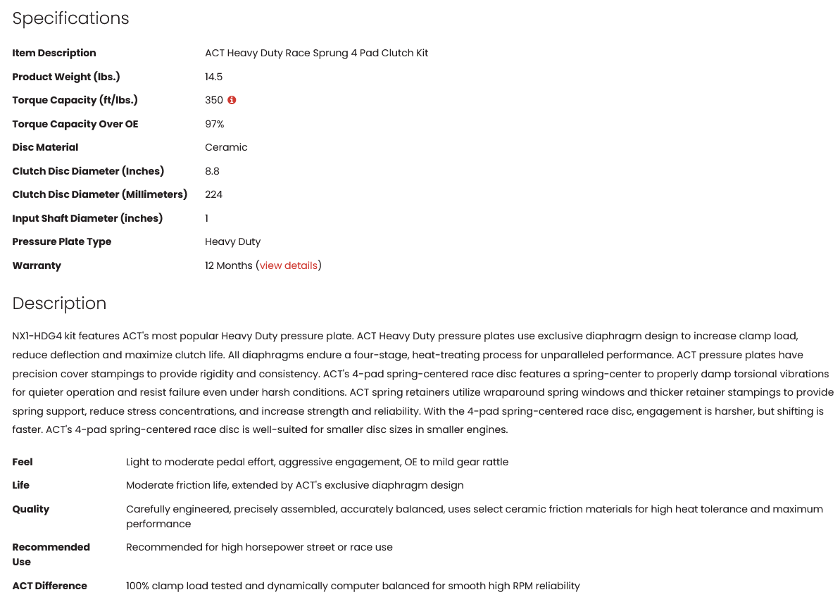 ACT Heavy Duty Race Sprung 4 Pad Clutch Kit KA24E KA24DE 350tq