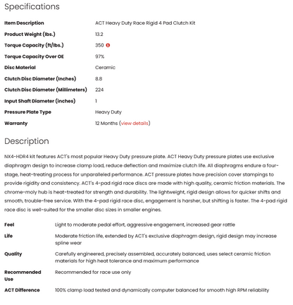 ACT NX4-HDR4 Heavy Duty Race Rigid 4 Pad Clutch Kit DOHC KA24DE 350tq