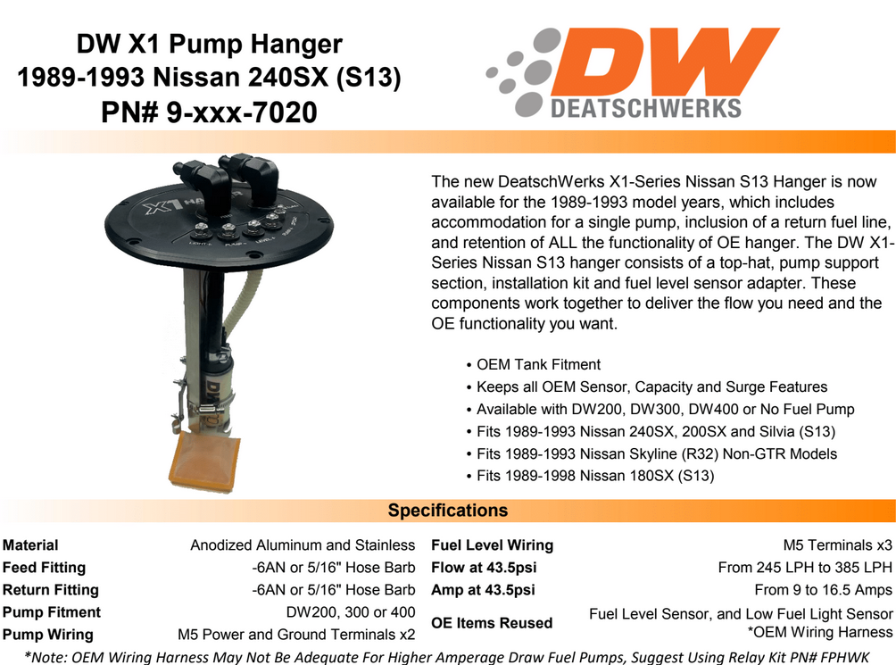 DeatschWerks X1 Fuel Tank Hanger w/ DW300 Pump 240sx S13
