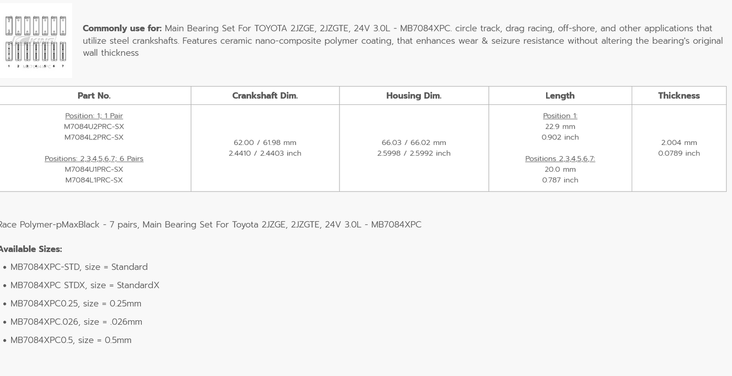 King Engine Bearings Racing Main Bearings Set 2JZGTE/2JZGE/1JZGE- Coated - MB7084XPC / 0.5mm