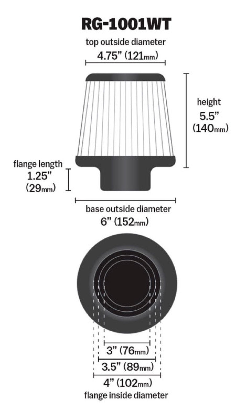 K&N High Flow Universal Air Filter White 4in inlet / 6in Base / 4.75in Top / 5.5in Height