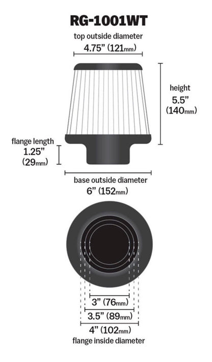 K&N High Flow Universal Air Filter White 4in inlet / 6in Base / 4.75in Top / 5.5in Height