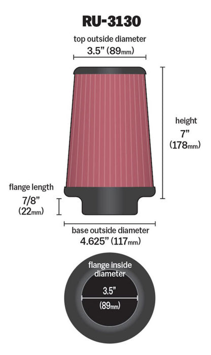 K&N Filter Universal Rubber Filter 3.5in inlet / 4.6in Base / 3.5in Top / 7in Height