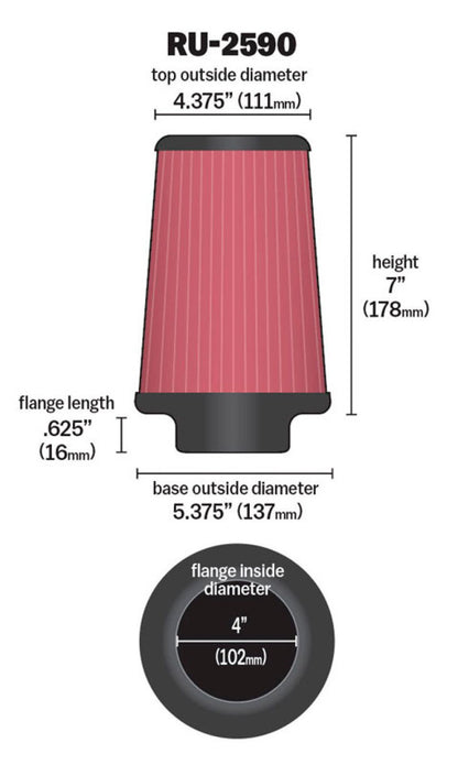 K&N High Flow Universal Air Filter 4in inlet / 5.4in Base / 4.4in Top / 7in Height